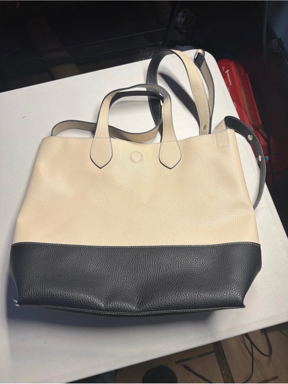 Two-Tone Cream and Black Structured Leather Tote - Picture 3 of 6